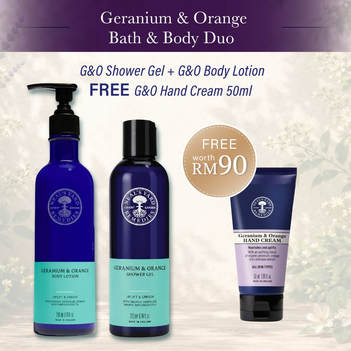 Geranium & Orange Bath & Body Duo – FREE G&O Hand Cream 50ml